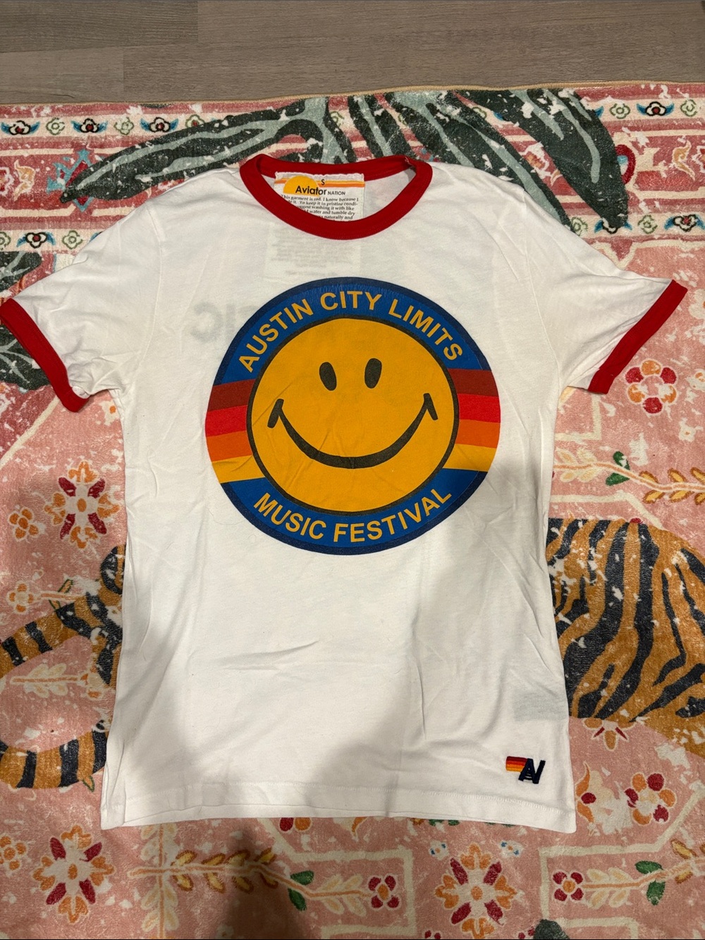 Aviator Nation White Women’s Ringer Tee with Red Trim and Yellow Smiley